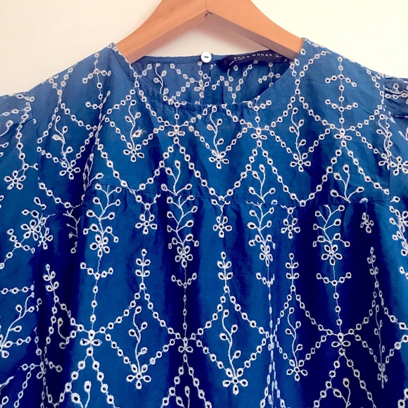 Zara Sz M embroidered blue Scalloped Shirt Top - Picture 9 of 15
